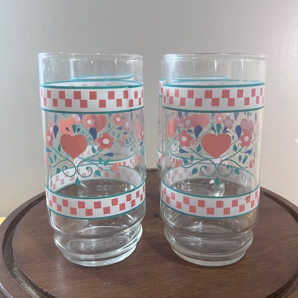 Vtg Set of 4 Country Heart Floral Pink Checkered Teal Glass Tumblers 5.75"
